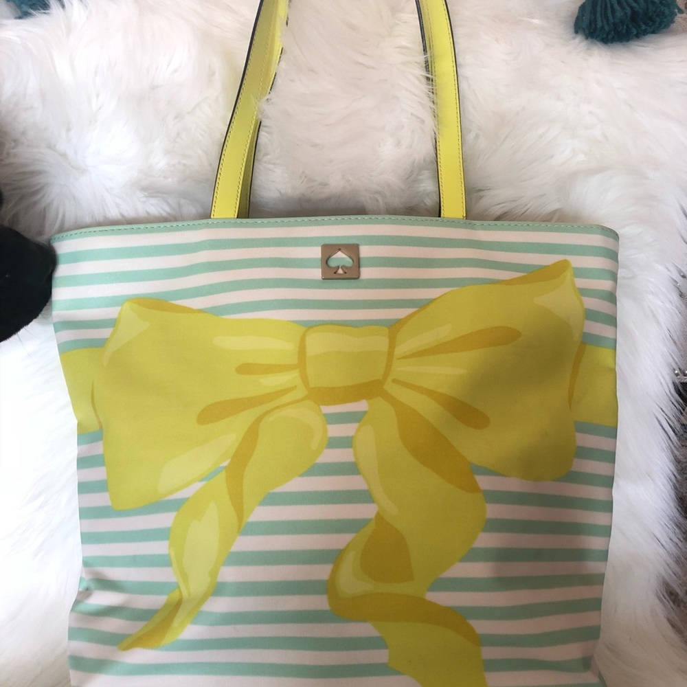 Kate Spade New York Mint Stripe Yellow Bow Tote